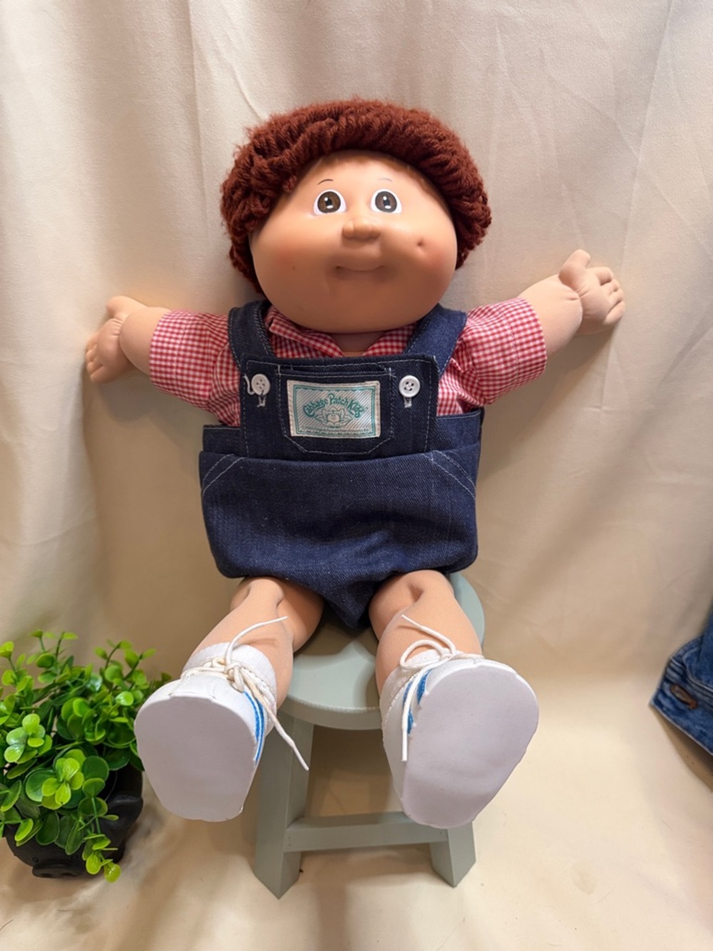 Vintage Cabbage Patch Kid Doll in Red Gingham Shirt and Navy Overalls